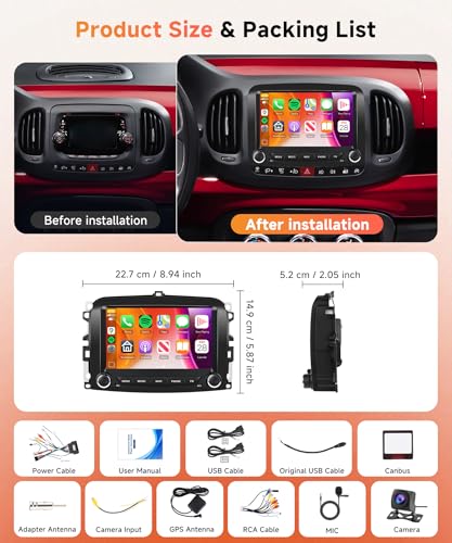 6G+128G 8 Core Wireless Carplay Android 15 Car Radio for Fiat 500L 2013-2019 7 Inch Touchscreen Car Radio with Android Car GPS Navi WiFi Mirror Link Bluetooth FM/RDS/DSP/SWC Rear Camera
