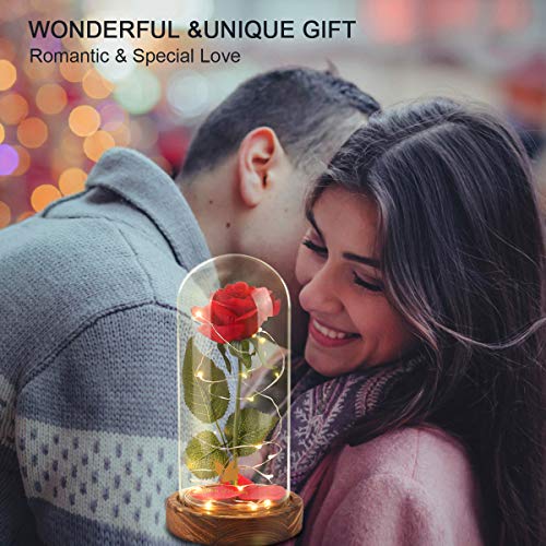 Dream of Flowers Beauty and The Beast Rose, Glass Dome brown Wood Base, Valentine's Party Gifts, Wedding Gifts, Best Gift for Her (N2)