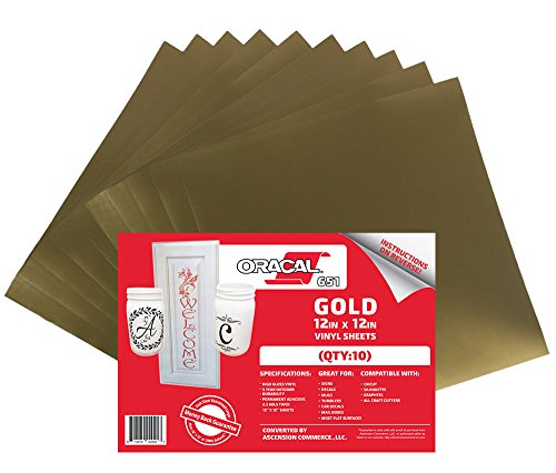 (10) 12" x 12" Sheets - Oracal 651 Gold Adhesive Craft Vinyl for Cricut, Silhouette, Cameo, Craft Cutters, Printers, and Decals - Gloss Finish - Outdoor and Permanent