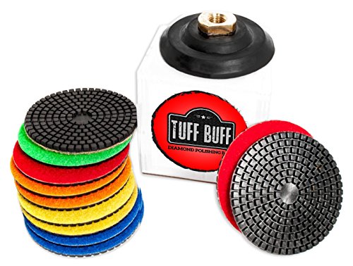 TUFF BUFF - Wet/Dry Diamond Polishing Pads - 11 Piece Set with Rubber Backer for Granite, Stone, Concrete, Marble, Travertine, Terrazzo- 4