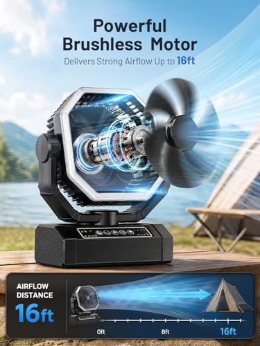 Portable Rechargeable Fan - 9-Inch Camping Fan for Tent, 24000mAh(60Hrs) Battery Operated Fan for Camping, Auto Oscillation Cordless Fans, Tent Fans with Remote/Light, 4 Speeds, 4 Timing, Outdoor