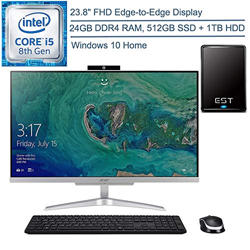 2020 Acer Aspire C24 AIO 23.8″ FHD All-in-One Desktop Computer, 8th Gen Intel Quad-Core i5-8250U up to 3.4GHz, 24GB DDR4 RAM, 512GB SSD + 1TB HDD, AC WiFi, Windows 10 + EST 500GB External Hard Drive