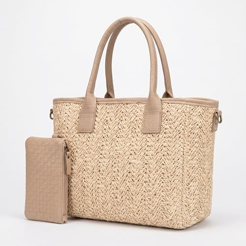 Bolso Rafia Mujer - Bolso de Verano Mujer - Bolso Bandolera Mujer Verano - Cremallera Superior y Neceser Pequeño - Bandolera Casual para Primavera y Viajes (Apricot)