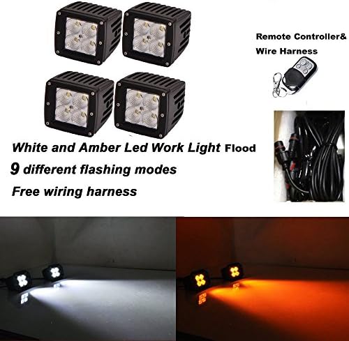 Night Break Light 3x3 Inch 24W White Amber Fog Lights Flashing 9 Different Modes Flood Beam Amber Strobe Signal Lights for Cars Offroad Jeep 4wd Led Pods Free Wire Harness and Remote