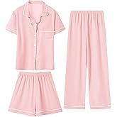 Girls 3 Piece Pajamas Silky Pajama Set Stain PJs Sleepwear for Kids, 5-14 Years