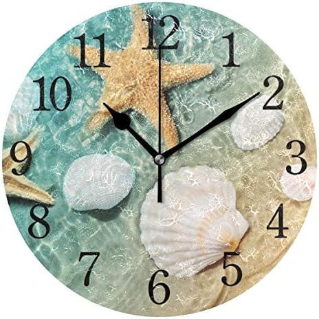 TFONE Ocean Sea Beach Starfish Seashell Wall Clock Round Silent Non Ticking Battery Operated Clock for Home Kitchen Bedroom Bathroom Living Room Office Decorative