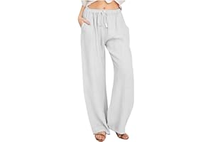 SMIDOW Summer Pants for Women 2023 Cotton Linen Elastic Waist Drawstring Wide Leg Ankle Length Lounge Pant with Pockets