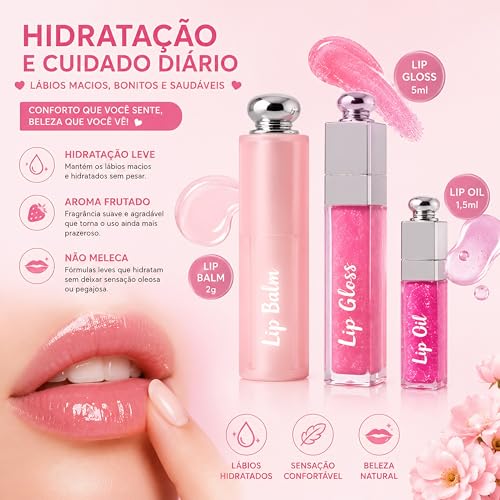 Kit Lip Gloss + Lip Balm + mini Lip Oil 3 em 1 Rosa | Brilho Labial com Glow Natural e Hidratação | Não Grudento | Aroma Frutado | À Prova D’Água