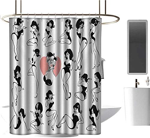 Qenuan Polyester Shower Curtain Girls,Famous Sexy Girl Model Posing with Full Body Features Heart Tattoo on Thigh Make Up,Black White,Hand Drawing Effect Fabric Shower Curtains 54"x78"