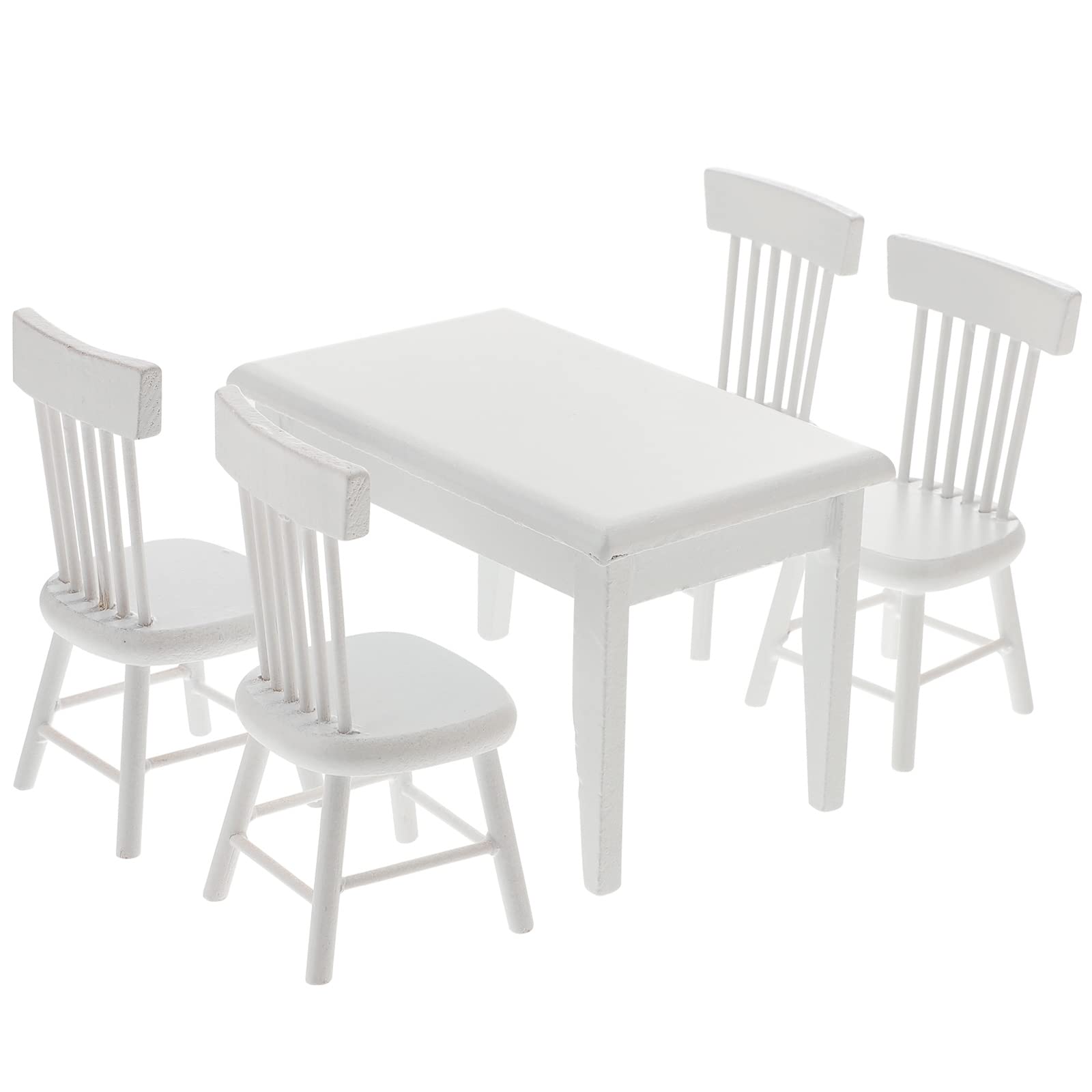 TOYANDONA 1/12 Dollhouse Table Chair Set, 5pcs Wooden Miniature Table Chairs Model Kids Pretend Toys for Dollhouse Dining Room (White)
