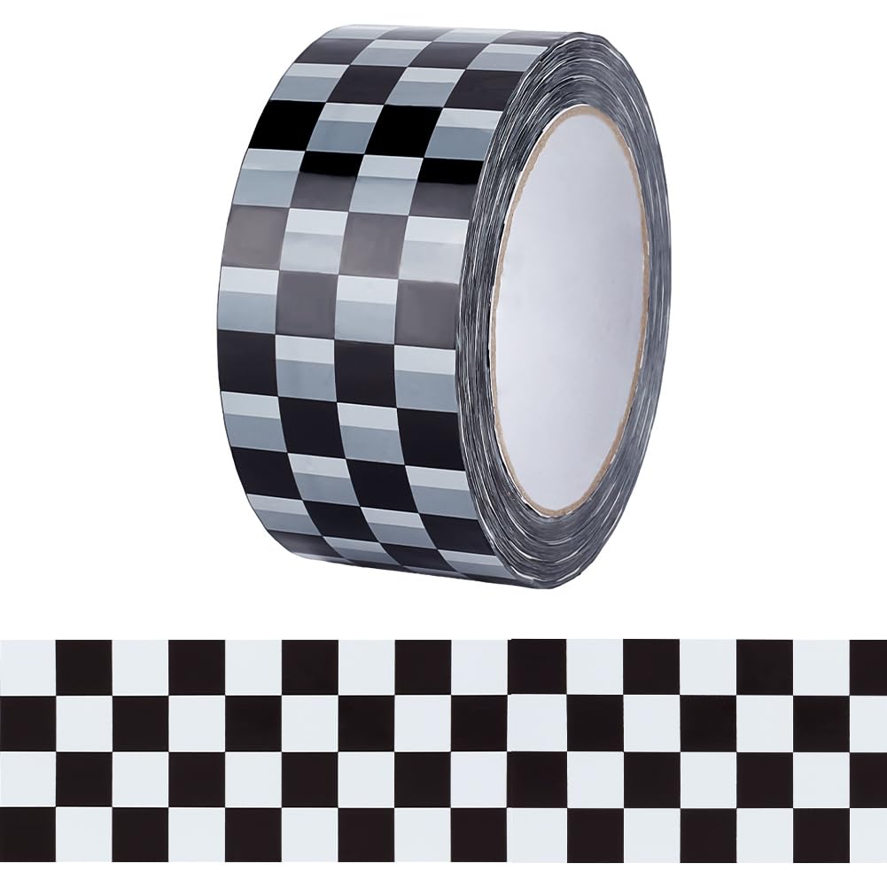 GOMAKERER 1 Roll Checkered Flag Tape, Checkered Duct Tape Race Car Tape Printed Tape Black and White Tape Roll 100m for Scrapbooking DIY Crafts Box Decoration