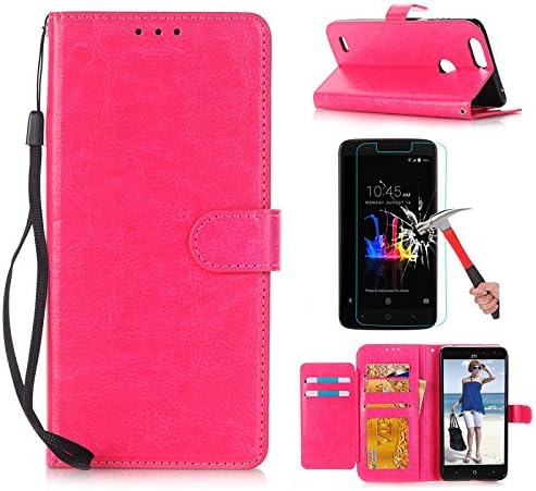 ZTE Blade Z Max/Zmax pro 2/Sequoia Z982 Case With Screen Protector, I VIKKLY [Kickstand] Magnetic Snap Premium PU Leather Wallet with Card Slot Folio Flip and Wrist Strap Case (Crazy Horse-Hot Pink)
