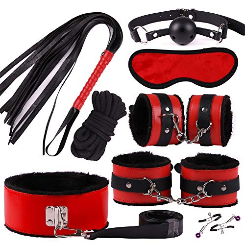 8 Piece Plush Bondage Restraints Set Kit for Bed and Under Bed Sex Play SM Bondage Toy Gear Wrist Cuffs Gags Collar Spanking Nipple Rope Strap On Harness for Women Couples Lesbian Female,Red