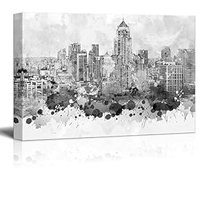 Black and White City of Bangkok in Thailand with Watercolor Splotches - Canvas Art Home Art - 12x18 inches