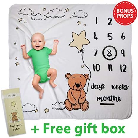 Baby Milestone Blanket Boy or Girl, Best Baby Shower Gift, Props Included. Monthly Memory Tracking Blanket for Photos - Growth Blankies for Newborns, Hypoallergenic Fleece Blanket
