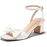 Coutgo Womens Bow Heels Sandals Block Low Heel Wedding Bride Dressy Shoes Open Toe Ankle Strap Sandals