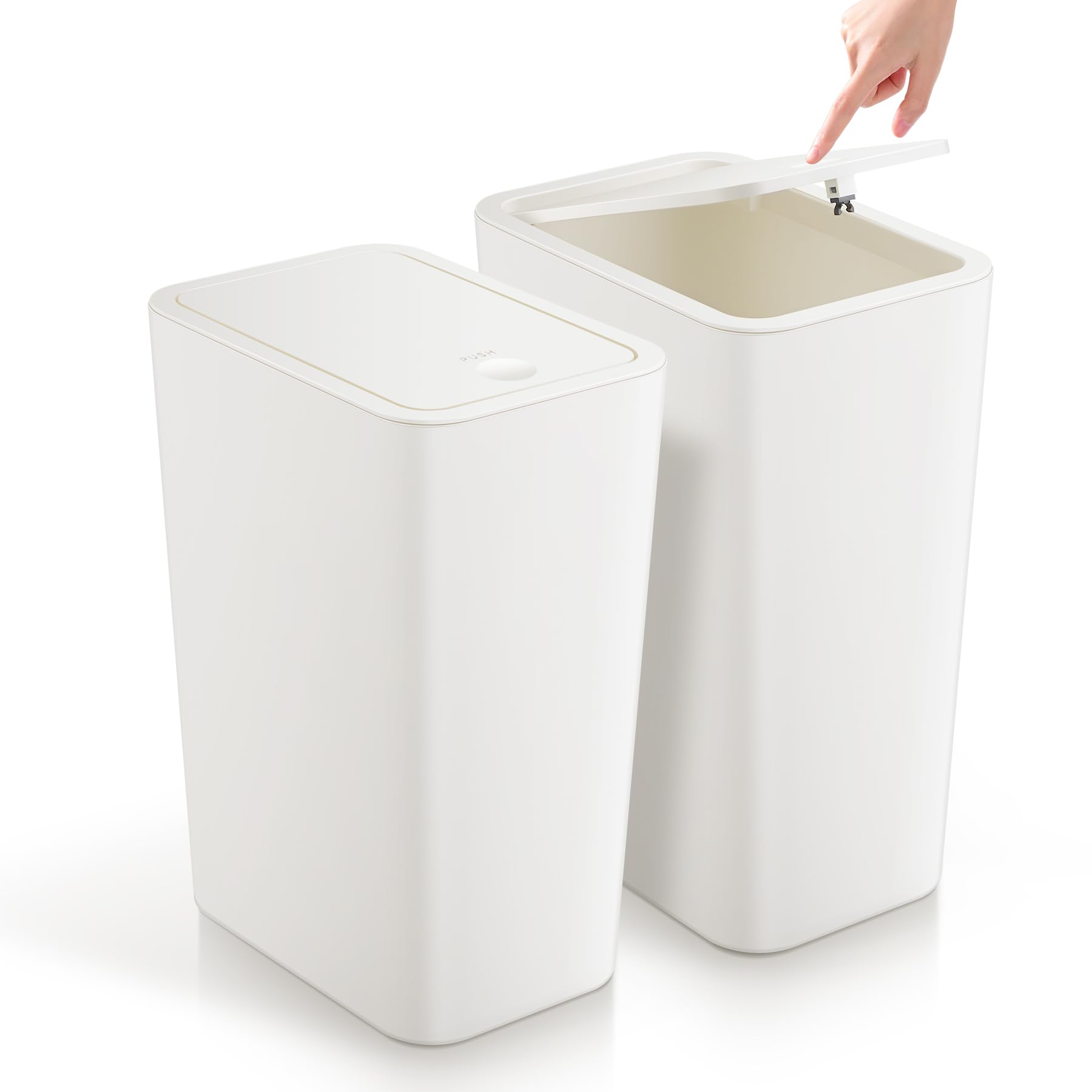 Photo 1 of TIPGO Bathroom Trash Can with Lid, 4 Gallon / 15 Liter Small Garbage Can, Press Top Bin, Plastic Wastebasket with Pop-Up Lid for Bedroom, Living Room, Office (White, 2 Pack)