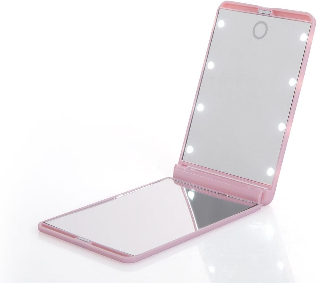 Yvettevans Led Lighted Compact Travel Makeup Mirror 8 Dimmable Led Lights Touch Switch Vanity Mirrors Portable Folding Cosmetic Mirror (Pink)