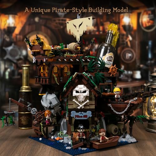 PAN TASY Pirate Tavern Building Set, Modular Wreck Architecture with Terrace Bar, Giant Rum Bottle - Adult Nautical Blocks Kit