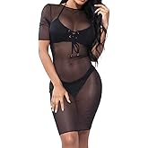 Allchic Womens Sexy Sheer Mesh Dress Short Sleeve Cover Ups See Through Club Wears