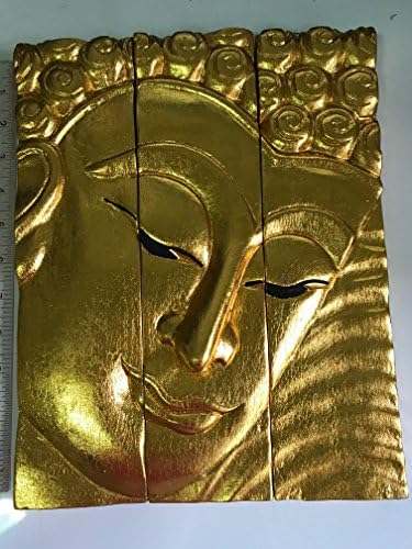 GaanZaLive36 Large Wall Hanging Sculptures Hand Carved Wood Nepal Tibet Buddha Nirvana Spirit Relief Panel Yoga Meditation Buddhist Peace Zen Art Vintage Statue Head Face,3-Piece Set (Gold)