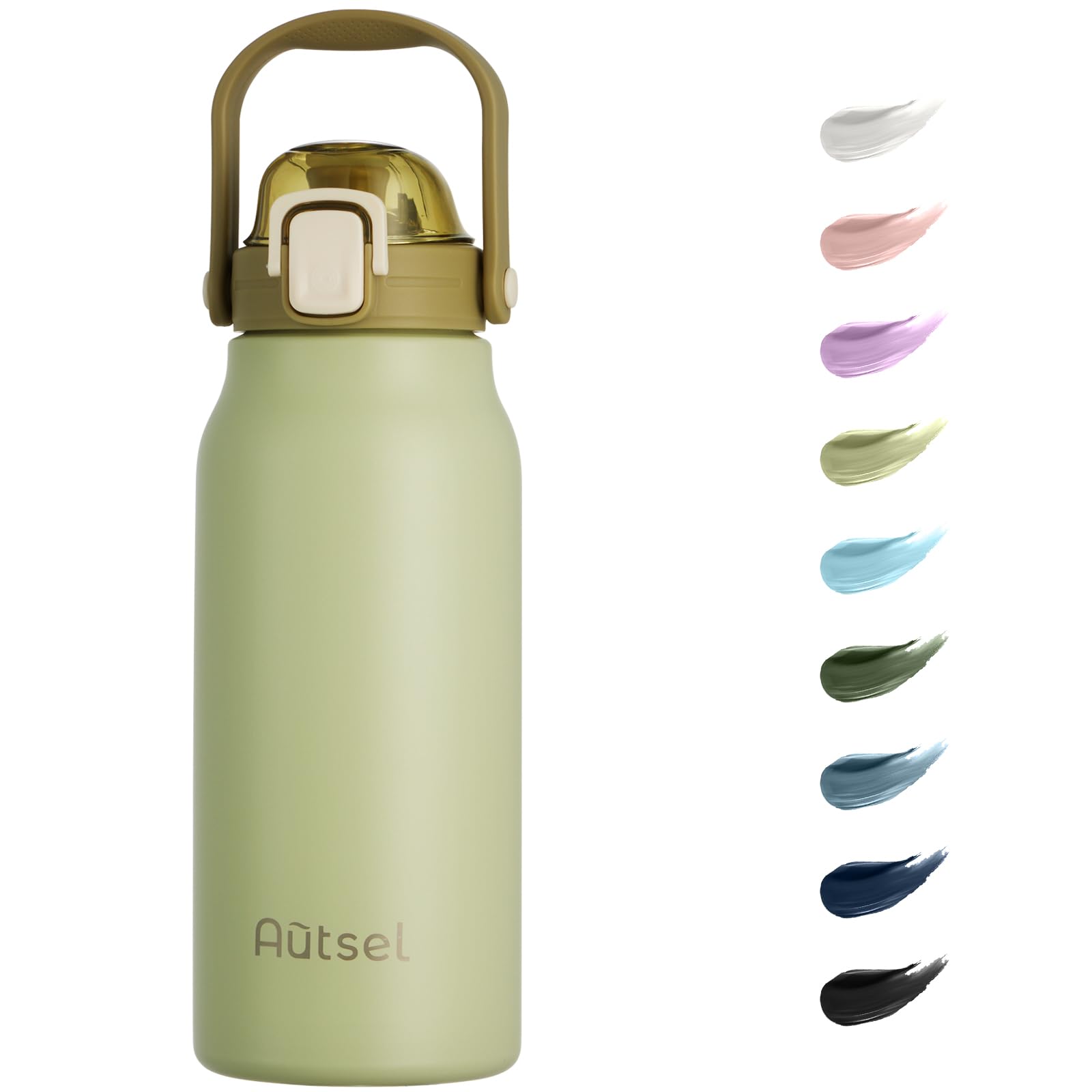Autsel 1.7L Stainless Steel Water Bottle with Straw - Large Metal Flask with Handle - Double Walled Insulated Sports Bottle - Leakproof for Gym Sports, Green
