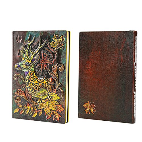 Retro Embossed Leather Notepad Owl Hardcover Lined A5 Composition Notebook Vintage Handcraft Antique Diary Embossed PU Leather Travel Journals (Multicolor Deer)