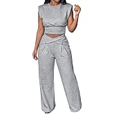 CHICME Women's 2 Piece Lounge Sets Sleeveless Crewneck Crop Top and Criss Cross Wide Leg Pants Matching Outfits