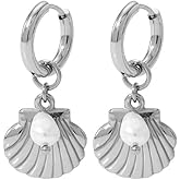 Stainless Steel Shell with Faux Pearl Dangling Huggie Hoop Earrings, Sold as a Pair