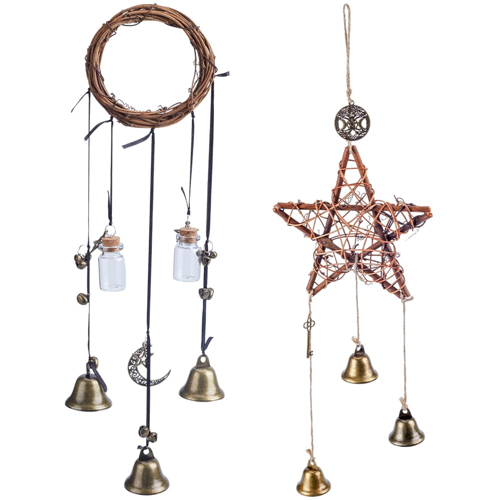 GORGECRAFT 2 Style Witch Bells Magic Wind Chimes Rattan And Alloy Doorknob Hanging Bells Door Knob Hanger Witchcraft Decor Wiccan Bell for Home Protection Door Car Wall Decor Blessing Gifts