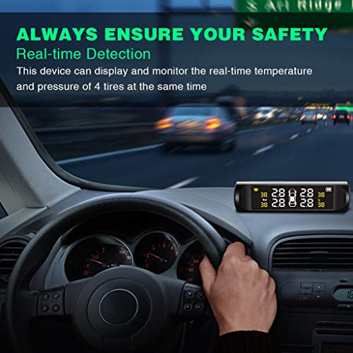 VSTM Tire Pressure Monitoring System TPMS,Solar Power Universal Wireless Car Alarm System with 4 External Sensors,6 Alarm Modes,LCD Real-time Display Pressure & Temperature Alerts Ensure Safe Driving