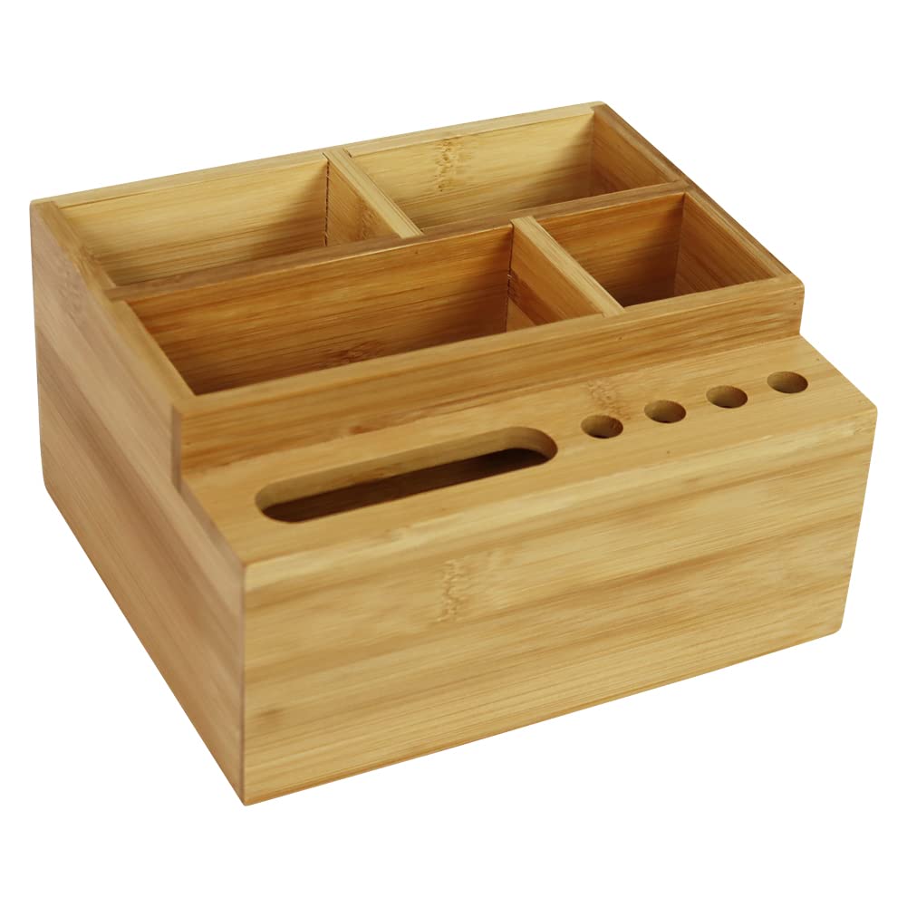 WKWKER Bamboo Desk Tidy Organizer & Pen Holder Storage With 4 Compartments And 5 Holes For Stationery Organisers In Home, Office, School, Classroom Storage(Natural)
