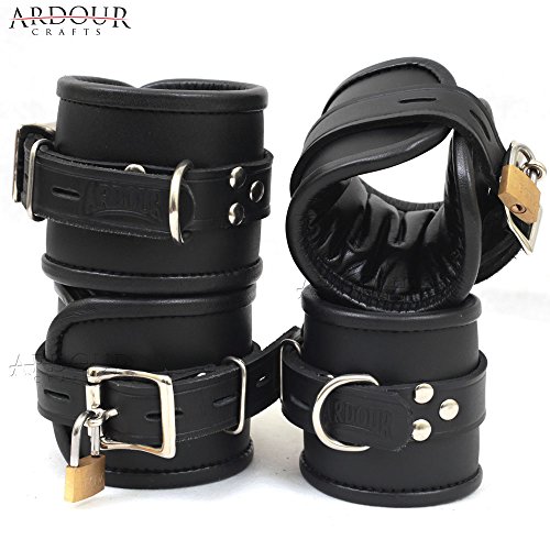 Ardour crafts padded black real leather wrist ankle cuffs 4 piece…