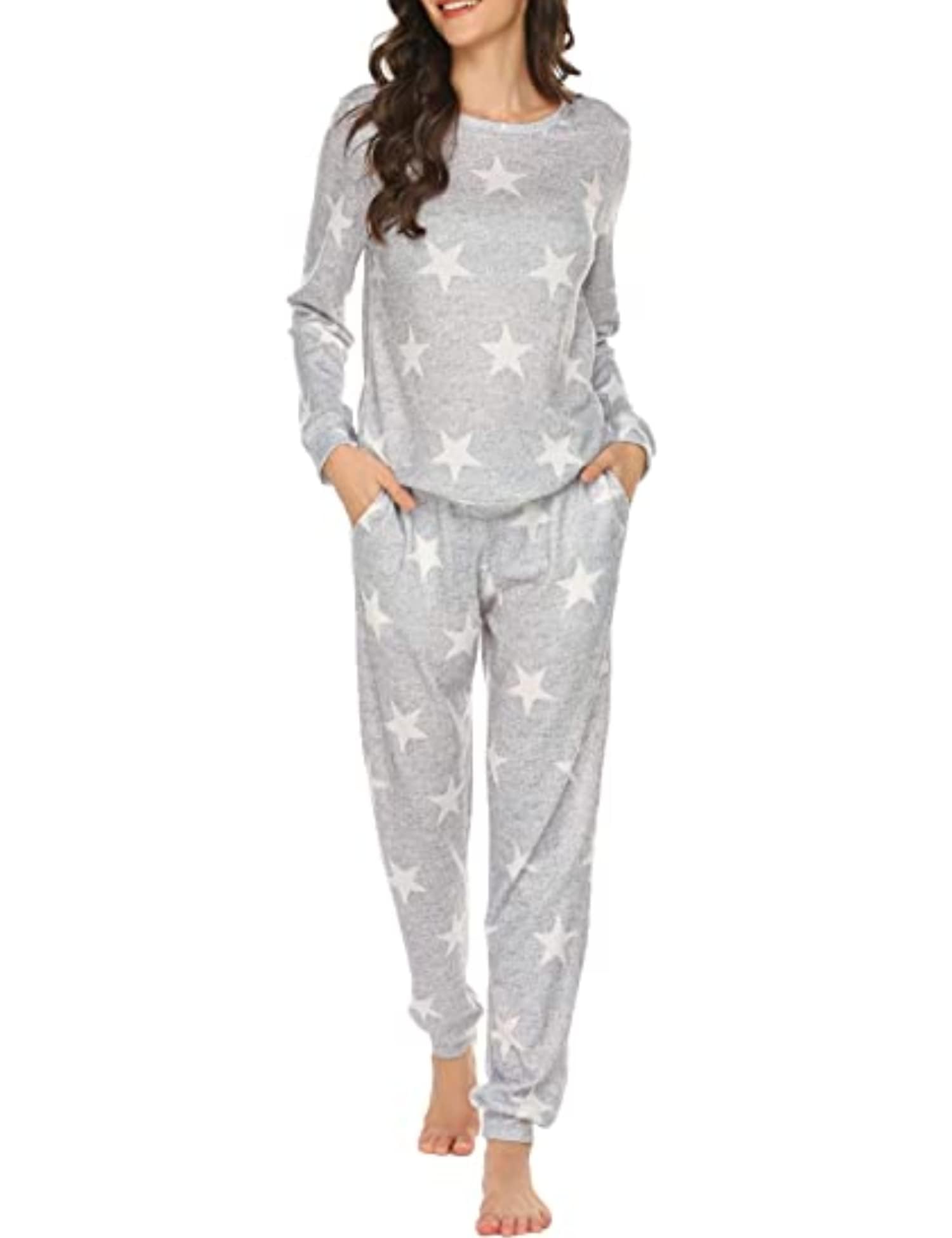 Ekouaer Pajamas Set Long Sleeve Sleepwear Womens Star Print Nightwear Soft Pj Lounge Sets with Pockets Grey Star Print Small Image