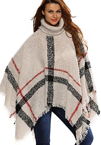 Women Bohemia Long Cape Striped Pattern Knitted Shawl Poncho Turtleneck Sweater with Tassel