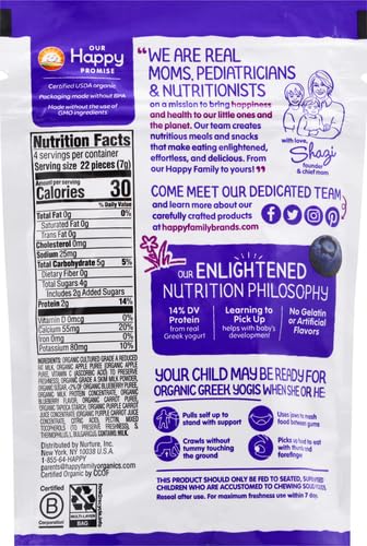 HAPPY BABY ORGANICS BABY SNACKS, GREEK YOGIS, FREEZE DRIED YOGURT &VEGGIE FRUIT SNACKS, GLUTEN FREE BABIES 9+ MONTHS, BLUEBERRY & PURPLE CARROT, 1 OUNCE