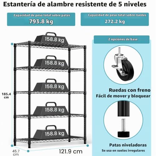 M MZG Metal Shelving Unit with Lockable Wheels Heavy Load 5 Levels, up to 750 kg, Adjustable Shelves, for Garage, Workshop and Warehouse, Studio, Black, 45 x 120 x 192 cm