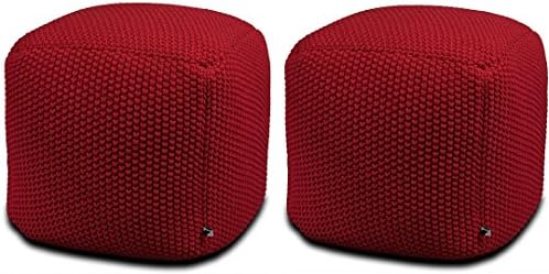 Crocheted/Knitted Ottoman Pouf - Red (100% Cotton, Handmade, Square, Beautiful, Soft and Lightweight,Set Of 2