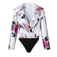 ❤️SFE-Women Tops,Women Tank,Women Jumpsuit,Women Floral Print Tuxedo Wrap Over Satin Bodysuit Jumpsuit (XL, White)