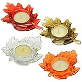 Fall Harvest Leaf Glass Tealight Candle Holders Set of 4 Thanksgiving