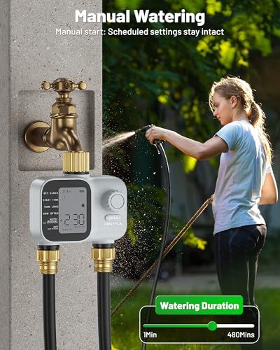 [2026 All-New] Water Timer 2 Zones, Unistyle Hose Timer 2 Outlets for Sprinkler Irrigation, Brass Inlet, Easy to Set up, Precise Control, Auto/Manual/Delay Modes for Garden Watering