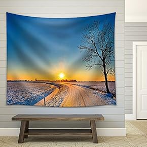 Sunset in a Cold White Winter Landscape - Fabric Wall Tapestry Home Decor - 51x60 inches