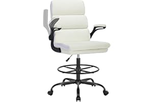 AMSEATEC Drafting Chair Tall Office Chair with Padded Flip-up Armrests Executive Ergonomic Computer Standing Desk Chair with Comfortable Leather Backrest and Adjustable Footrest Ring (White)