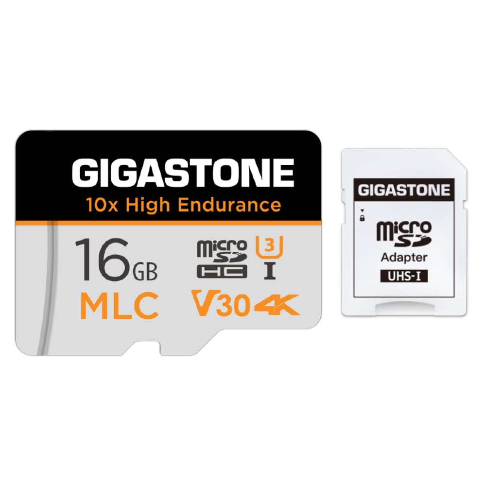 [10x High Endurance] GIGASTONE Industrial 16GB MLC Micro SD Card, 4K Video Recording, Security Cam, Dash Cam, Surveillance Compatible 95MB/s, U3 C10, with Adapter [5-Yrs Free Data Recovery]