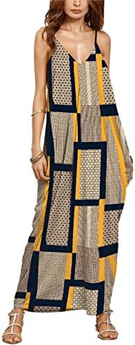 XIMAN Women's Boho Floral Print V Neck Spaghetti Strap Long Maxi Dress Sundress (XX-Large, flower 2)