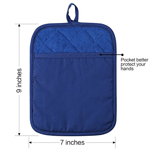 100% Cotton with Silicone Kitchen Everyday Basic Pot Holder Heat Resistant Coaster Potholder Oven Mitts with Pocket for Cooking and Baking Set of 2 Blue