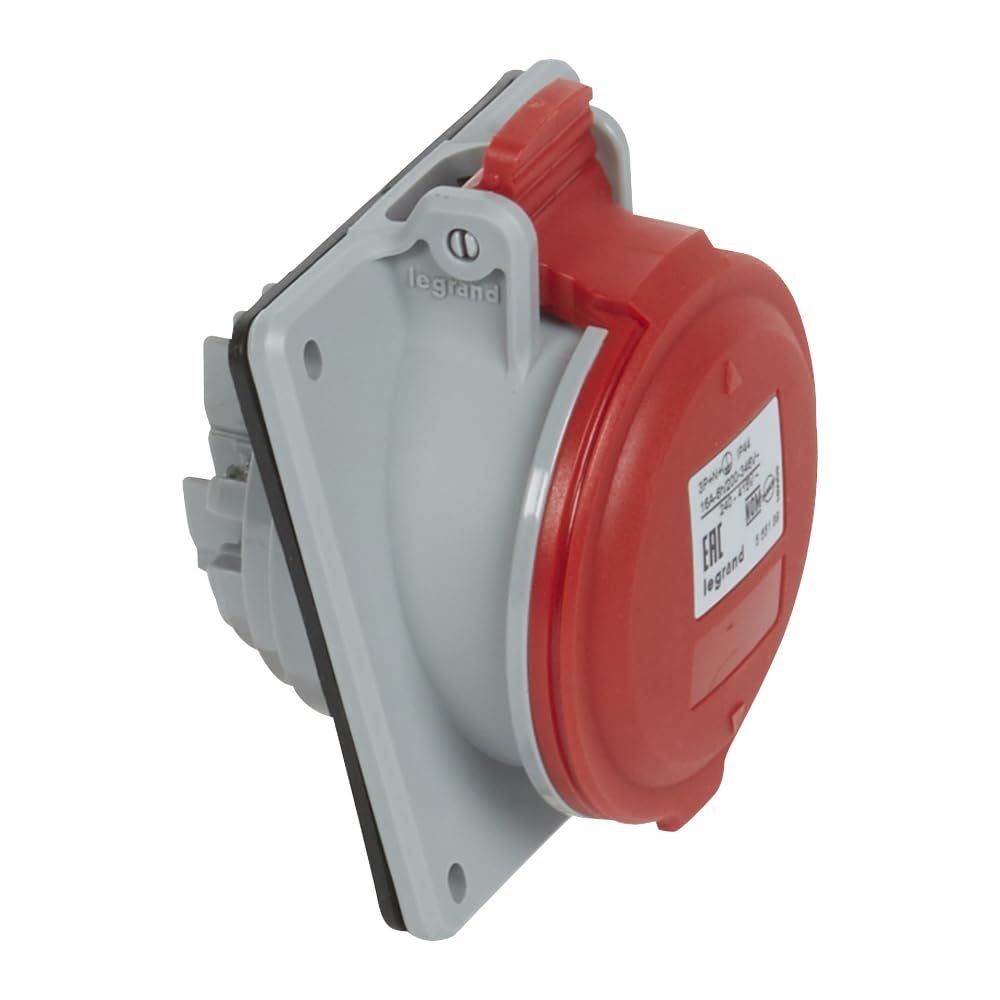 Legrand, CEE 16A Mounted Socket, Red, 5-Pin (3P + N + PE), 6h (400 V / 16 A), Protection Class IP44, IK09 and Tilt Angle of 15 Degrees, 090164