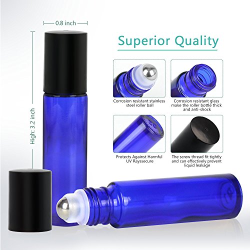 12,10ml Roller Bottles for Essential Oils - Cobalt Blue, Glass with Stainless Steel Roller Balls by Mavogel ( 3 Extra Roller Balls, 30 Pieces Labels, Opener, Funnel, Dropper, Brush Included) - Thumbnail 3