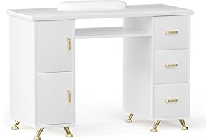 DeerDean White Manicure Table Nail Desk Nail Tech Desk with Golden Handles Station Acetone Resistant Nail Table for Nail Tech