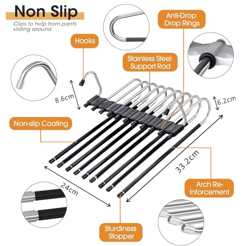 2 Pack Upgrade 9 Layers Pants Hangers Space Saving, Non-Slip Clothes Hangers for Wardrobe, Multifunctional Clothing Rack for Closet Storage, Ideal for Jeans, Pants, Skirts, Scarves & Slacks (Black)